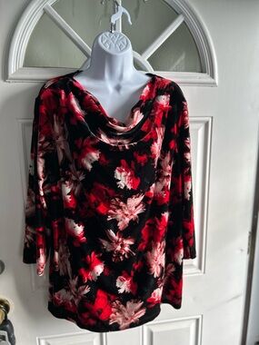 Liz Claiborne Black Red Floral Cowl Neck Top Size Xl  J3